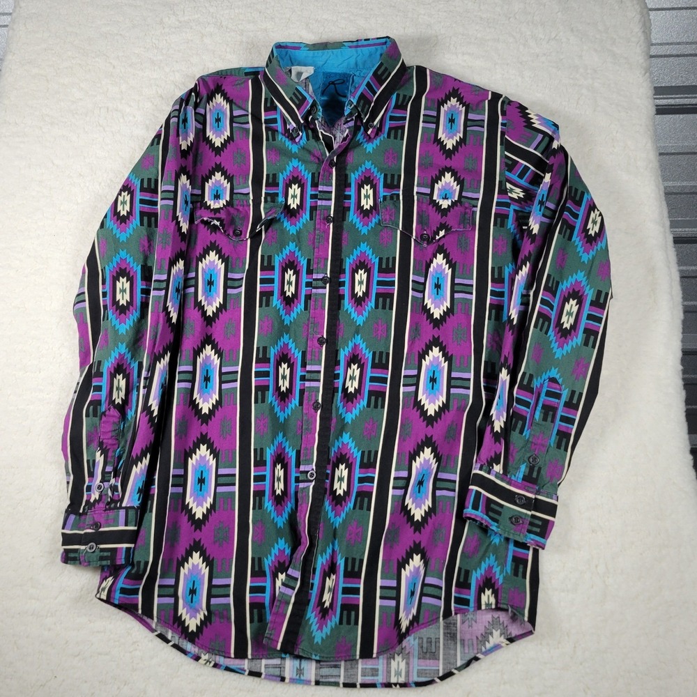 Vintage Roper Mens L Southwestern Geometric Western Button Dwn Shirt Purple Teal